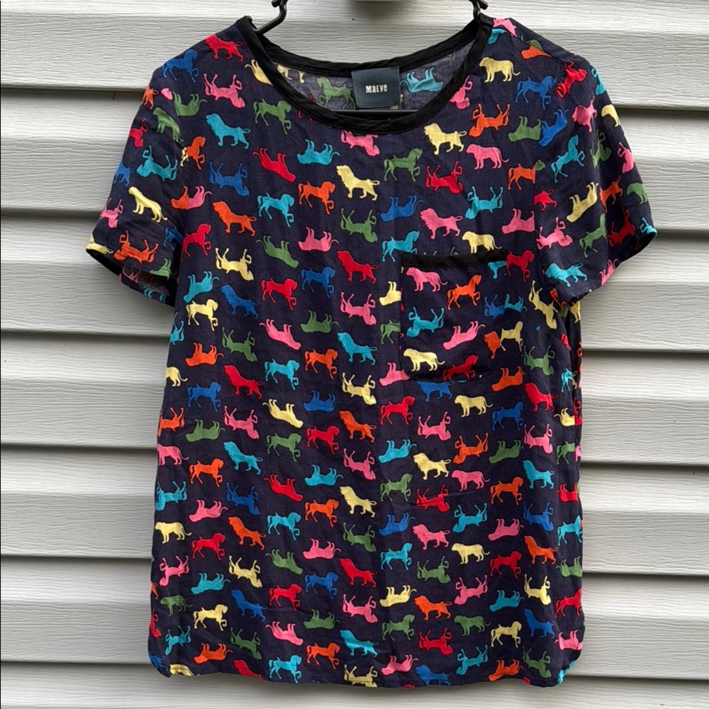 Anthropologie | Maeve Horse & Lion Multicolor Short‎ Sleeve Top size 0
